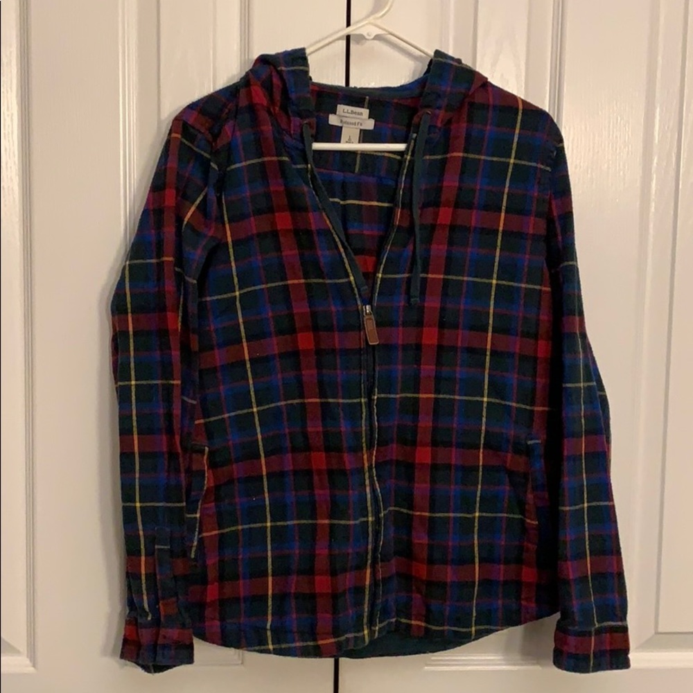Multicolored plaid zip up flannel with hood